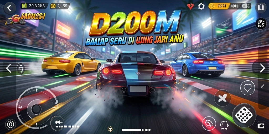 Screenshoot D200M menampilkan aksi balap seru di lintasan.
