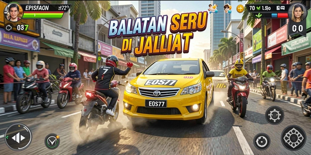 Tangkapan layar menampilkan balapan seru dengan mobil berkecepatan tinggi.