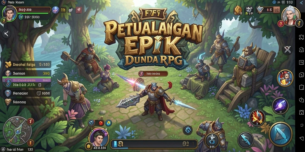 Tangkapan layar gameplay F7F7 yang menampilkan pertarungan epik dan eksplorasi dunia RPG.