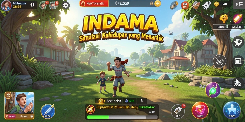 Screenshot utama INDAAA menampilkan interaksi karakter yang seru dalam simulasi kehidupan.