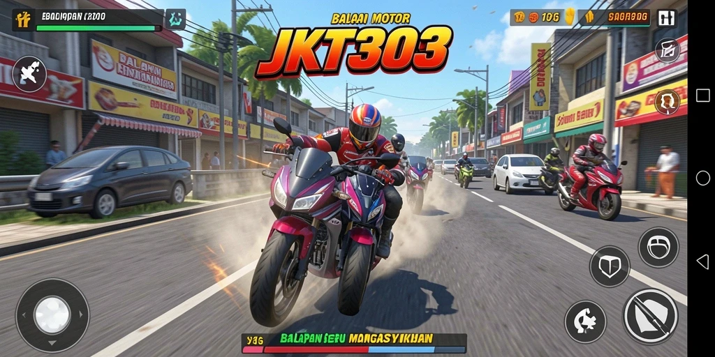 Screenshot gameplay JKT303 yang menampilkan balapan motor yang intens.