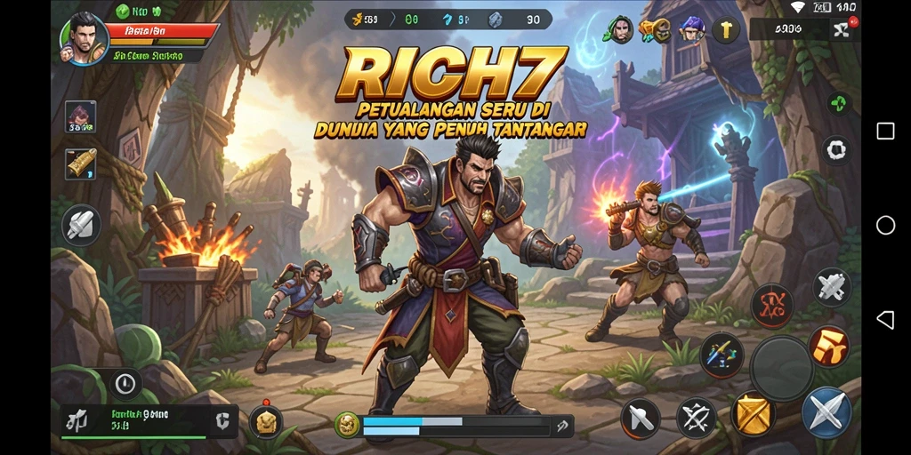 Screenshot RICH7 menampilkan pemain melawan monster di hutan.