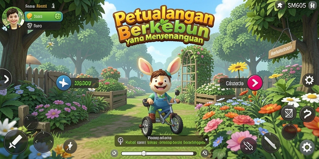 Tampilan gameplay <strong>SM605</strong> yang menampilkan aktivitas berkebun yang seru.